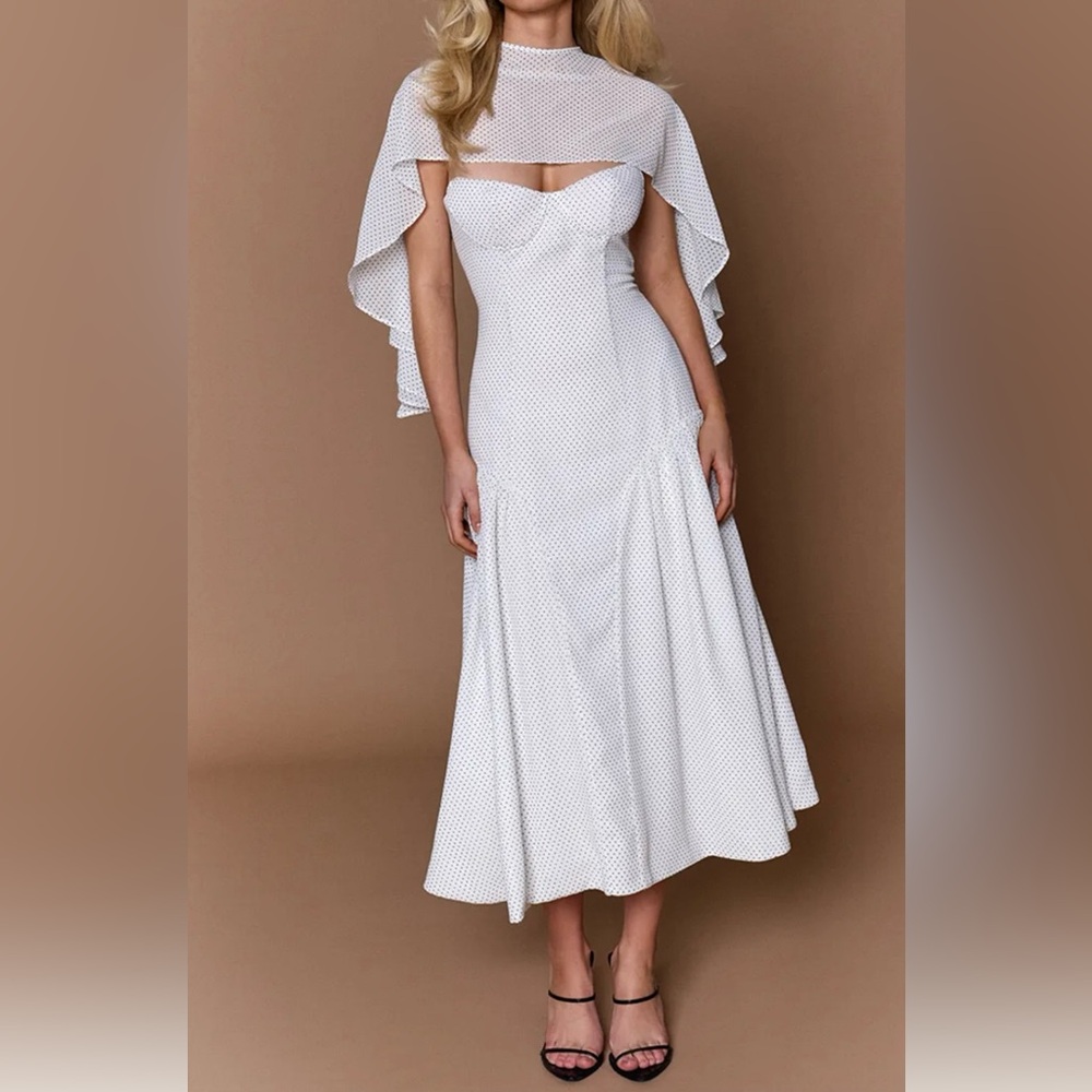 New PLT white polka dot bustier dress with matching cape